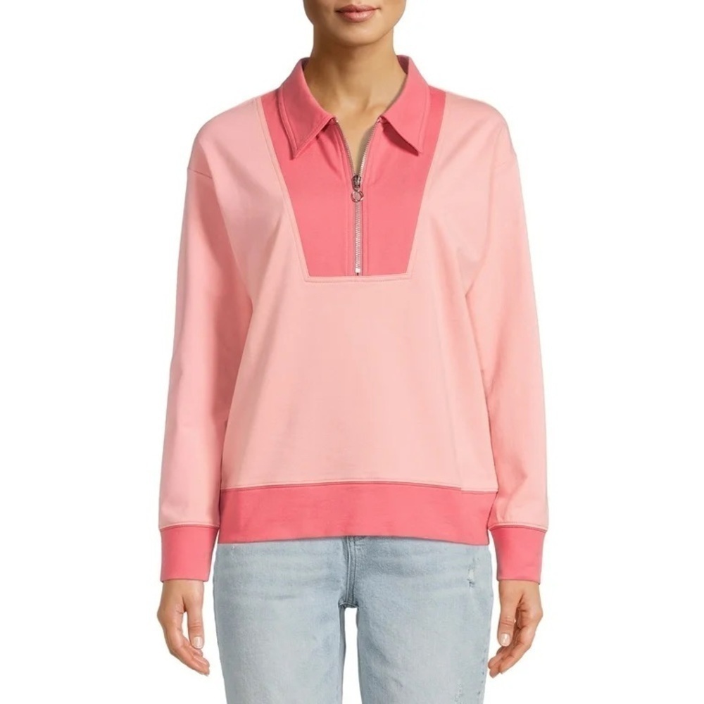 Time and Tru Women's Quarter Zip Sweatshirt Color Block Pink Women’s Size Large